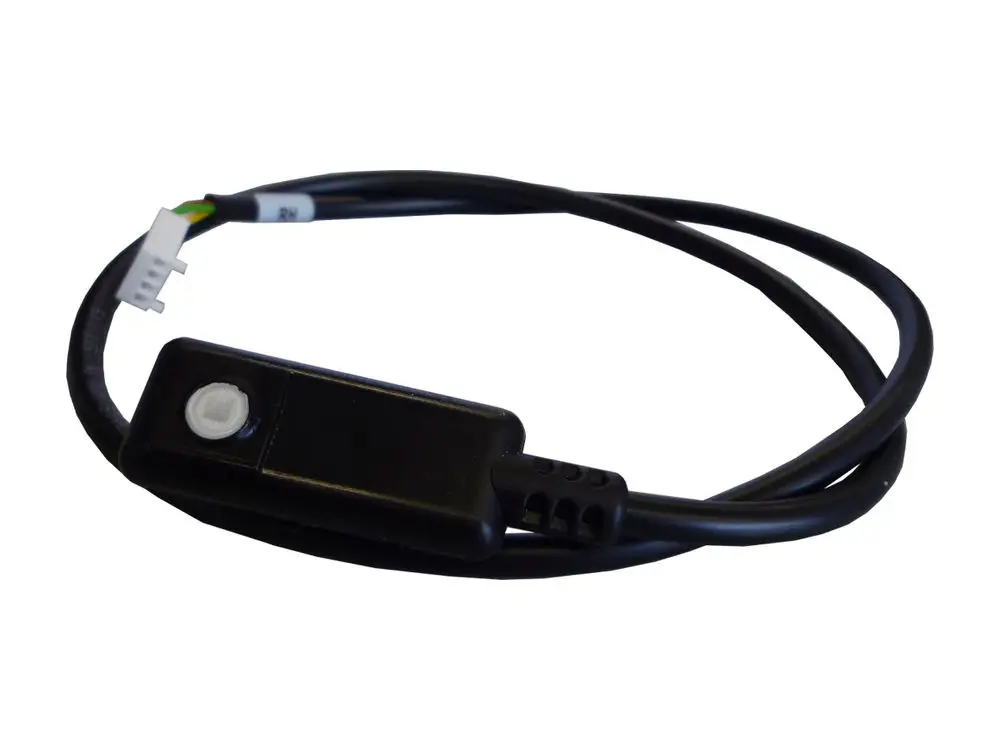 VOC-Sensor mit schwarzem Gehäuse und Kabel, entwickelt für die Integration in flache oder flexible Systeme von Fränkische. Anschlussstecker sichtbar.